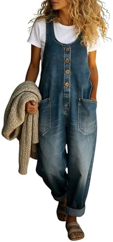 chouyatou Women's Suspender Strap Loose Denim Bib Overalls Y2k Baggy Distressed Jeans Wide Leg Jumpsuit Pants (Medium, Blue)