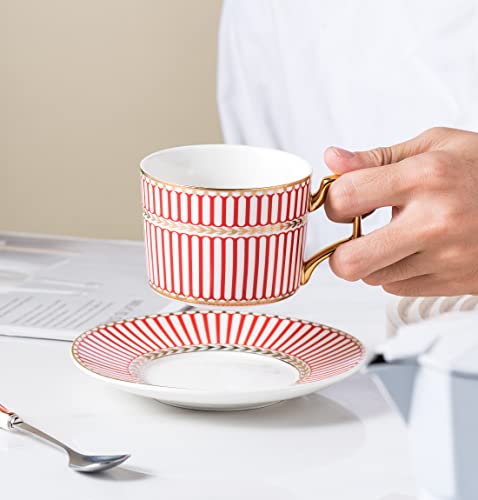 Jusalpha Stylish Elegant Modern 7.4 Oz Teacups And Saucers Set-Coffee Cup With Sauce, Spoons In Gift Box, Tcs27(1) (Red-A) #TOP2