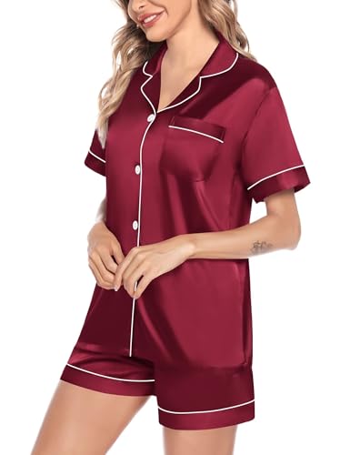 Image of SWOMOG Satin Matching Pajamas Sets Couple Silk Button Down Nightwear Women & Men Short Sleeve Sleepwear 2 Pieces Loungewear
