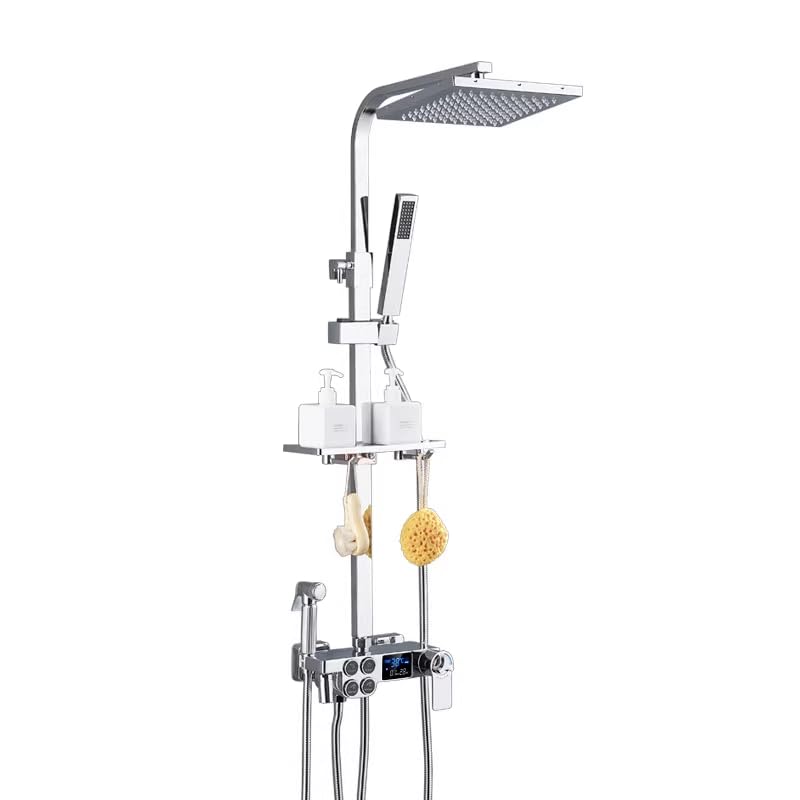 RWDAMPUW Juego de Ducha Inteligente, Sistema de Ducha de Pared, Pantalla Digital Inteligente, Asiento de Ducha Ajustable, repisa con barandilla, Pantalla LCD (Plata, Agua Caliente y fría)