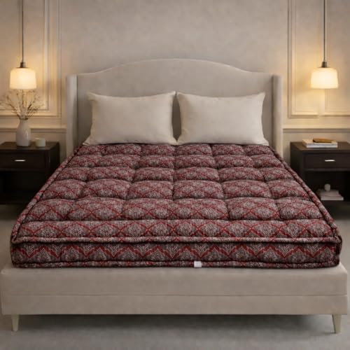 Handmade Cotton Filled Foldable Gadda Mattress, Firm Comfort, Shiny Dot Pattern, for Bed, Bedroom, Living Room, Floor Sleeping (Red, 6 x 6 Feet (72 x 72 Inches Or 180 x 180 cm))