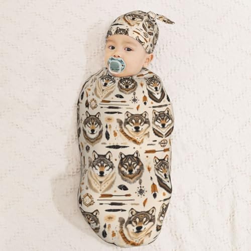 Image of Wolves Arranged Newborn Swaddle Blankets Hat Sets Soft Baby Receiving Blanket Swaddle Sack for Baby Shower Infant Boy Girl Gift