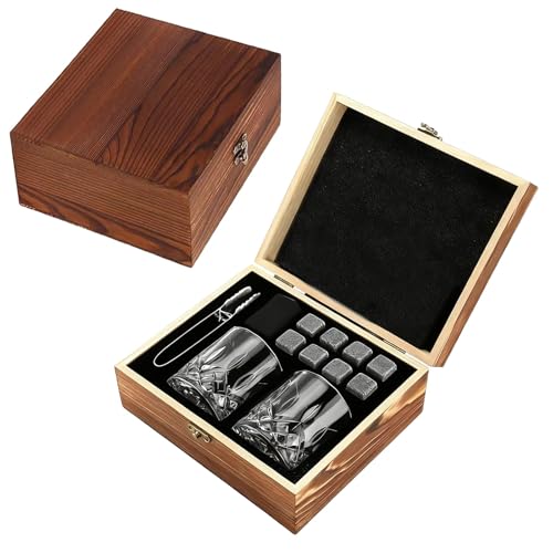 Whiskey Glass Gift Set for Men with 2 Whiskey Glasses, 8 Reusable Whiskey Stones, Tongs | Scotch, Bourbon, Rum Drinker Present for Christmas, Birthday, Father's Day