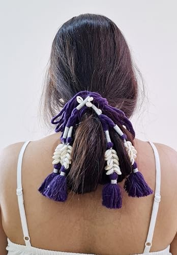 Image of Zippy Flora Handmade Boho Parandi | Traditional Hair Accessory with Tassles & Shells | Hair Extension | Choti |Women's Patiala Shahi Paranda | Soniya Parandi (Dark Purple) | 22 Inches Length