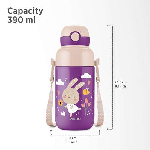 Image of Milton Steel Indus 400 Thermoware PU Insulated, 390 ml Water Bottle with Straw for Kids, Leak Proof Flip Top Sipper Lid Bottle, School, Picnic, Easy to Carry Belt, Purple