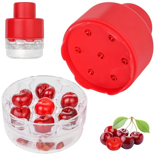 Zorgons Cherry Pitter, Multi-Function Cherry Pitter Remover Tool, Cherry Seed Remover with 7 Individual Holes, Durable Cherry Stoner Fruit Pit Corer Deseeder Kitchen Tool, Press Type, Red, WPUS-012