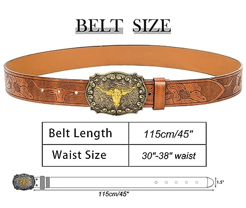 Western-Cowboy-Belts for Men Women Floral-Engraved-Belt with Longhorn-Bull-Head-Belt Buckle Suitable for Waist 29"-37"4