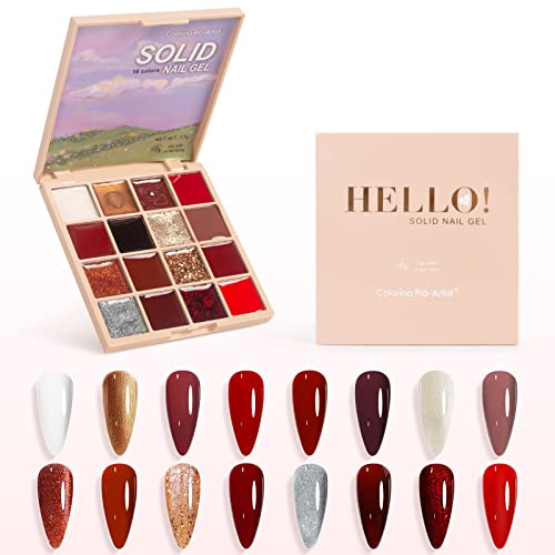 Setgnur 16 Colors Solid Nail Polish Palette,16 in 1 Cream Gel Nail Polish Popular Classic Cream Nail Art Palette Gold Glitter Pudding Gel Polish for Nail Art Salon DIY at Home (16 Color)
