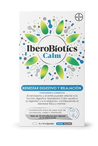Iberobiotics Calm Probóticos, Enzimas Digestivas con Lactobacilus, Melisa y Vitamina B2, Doble Acción para Bienestar Digestivo y Mental, 28 Cápsulas