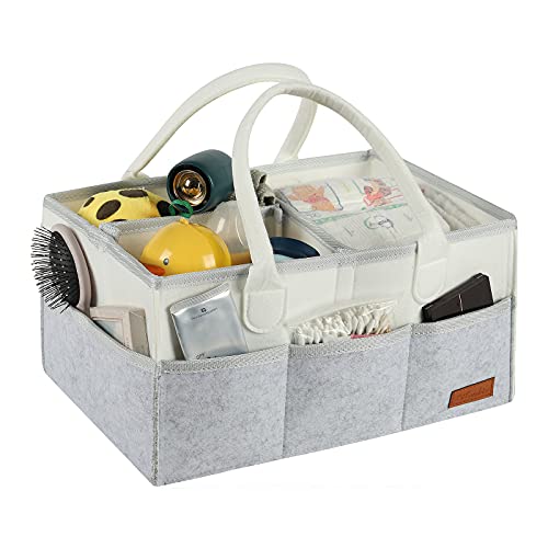 Baby-Windel-Caddy-Organizer, öffnender Multi-Pocket-Aufbewahrungskorb für Kinderzimmer, Filz-Windeltasche mit austauschbaren Fächern, Wischtaschen, Windel-Organizer-Behälter (Weiß & Grau) Cover