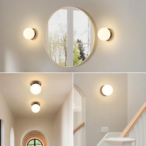 Image of Modern Black Globe Wall Sconce,Single Light with Milk Glass Shade | 6 inch Minimalist Spherical Vanity Sconces,Contemporary Small Brass Ball Lights Fixture for Entryway Bedside Bathroom,E26 Base