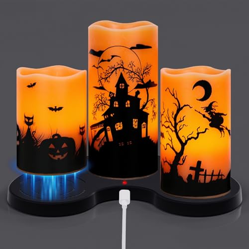 Image of Wondise Halloween Rechargable Flickering Flameless Candles with 6H Timer, Battery Operated LED Real Wax Candles with Charging Base Set of 3 Halloween Home Decoration Gifts(3 x 4 5 6 Inch)