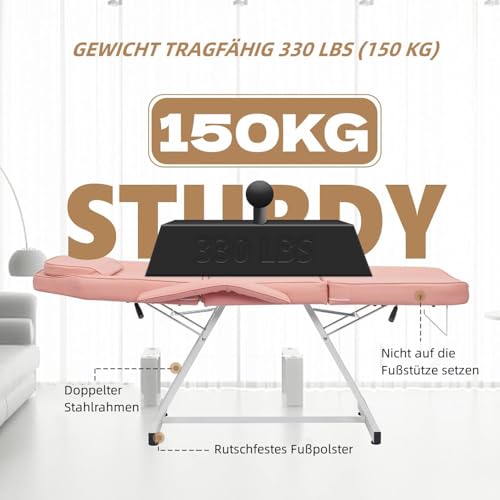 LEADZM Massageliege Klappbar Kosmetikliege mit Rollhocker 3 Zonen Höhenverstellbar Massagetisch Massagebett mit Rollhocker Drehhocker, Friseurstuhl für Friseur Spa Schönheitssalon Ausrüstung (Rosa)