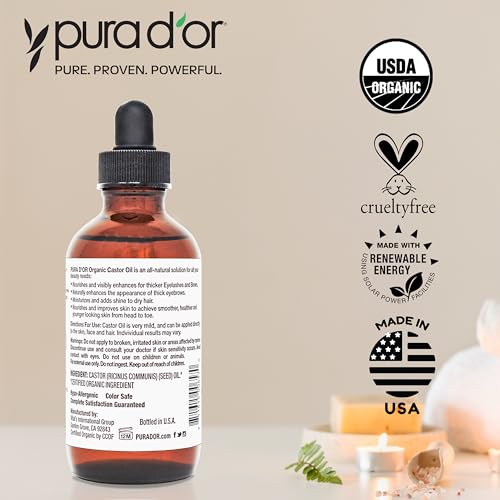 PURA D'OR 4 Oz Organic Castor Oil – Pure Cold-Pressed, Hexane-Free, USDA Certified – Lashes, Brows, Hair, Scalp, Skin-Moisturizer Supporting Softness, Strength, Hydration, Shine & Radiance,(Pack of 2) - image 6
