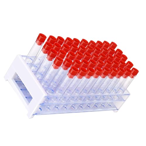 TEHAUX 51個 入りプラスチック試験管 耐熱透明チューブ収納ラック付き 化学実験用多機能スタンド 実験室用収納兼用 教育ツールとして