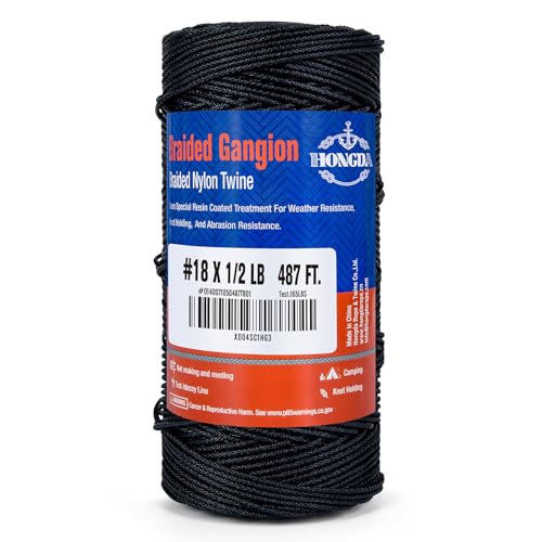 HONGDA Braided Black Nylon String #18 Tarred Bank Line Twine 487 Feet Black Tarred String 1.5mm for Gardening Construction Gear Tying Jungle Survival