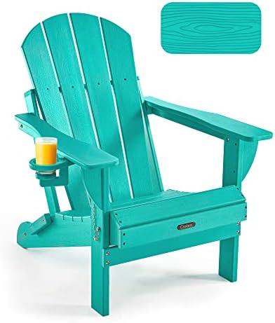 Ciokea Folding Adirondack Chair Wood Texture, Patio Adirondack Chair Weather Resistant, Plastic Fire Pit Chair with Cup Holder, Lawn Chair for Outdoor Porch Garden Backyard Deck (Lake Blue)