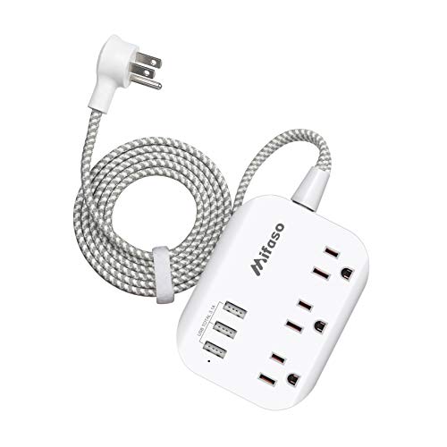 Tira de alimentación de enchufe plano con puertos USB, cable de extensión de 10 pies con 3 tomacorrientes y 3 puertos de carga USB, montaje en pared, protección contra sobretensiones para viajes en