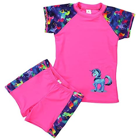 DUSISHIDAN Rashguard Kinder Jungen UV Schutz Unisex Badeanzug Zweiteiliger Kurze à„rmel und Hosen Einhorn-Stickerei, Rosa-Einhorn, 110-122 S(4-6) Cover