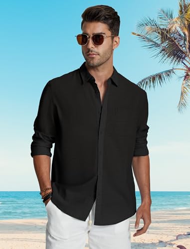 Friptspyg Leinenhemd Herren Langarm Baumwolle Leinen Hemd Herren Freizeithemden Casual Regular Fit Sommerhemd mit Tasche, Schwarz M 3