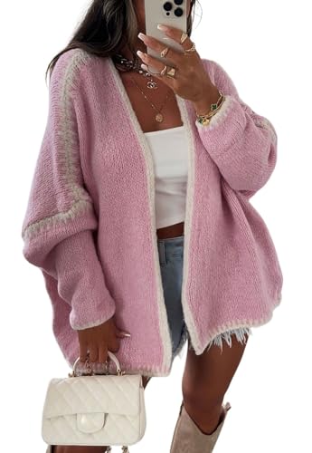 Image of chouyatou Women Fall Open Front Color Block Cardigan Sweater Casual Striped Chunky Knit Oversized Cardigan