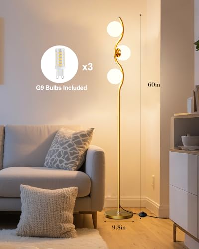 Image of Lightdot Globe Floor Lamp for Living Room Mid Century Modern Floor Lamps with 3Pcs 3000K Soft Warm White Bulbs Included Gold Standing Lamp with 5Lbs Heavy Base for Bedroom /Sofa Beside /Corner Decor