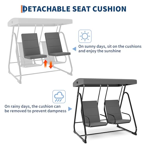 Image of GarveeLife 2 Person Porch Swing Chair, Heavy Duty Outdoor Patio Swing Glider with Adjustable Canopy & Removable Cushions, Independent Swing Chairs for Garden, Balcony, Poolside, Backyard, Dark Grey