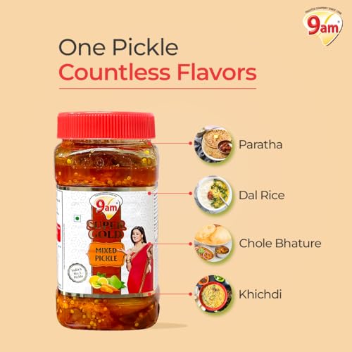 Image of 9AM Mixed Pickle 450gm (Pack of 1) | Homemade Achaar | No Added Preservatives & Additives | Chatpata Achar | Ready to Eat | Mixed Pickles with Storage Jar