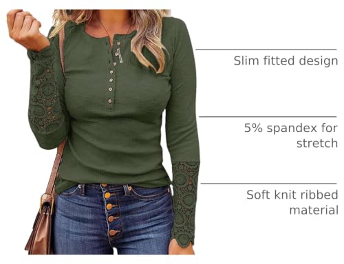 Image of Kancystore Women's Long Sleeve Tops Lace V Neck Button Down Henley Shirts