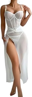 Robe Transparente Sexy Femme Nuisette Sexy pour Femme en Maille Transparente Fendue avec Ceinture Sculptante À La Taille Robe Longue Dos Nu