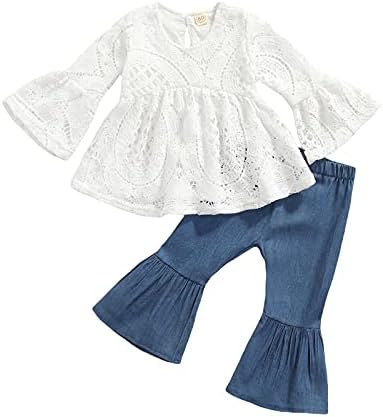 NANYKNIGHTY Toddler Baby Girl Outfit Infant Girl Solid Clothes Lace Top Flare Pant Bell-bottoms 2Pcs (White Top, 18-24 Months)