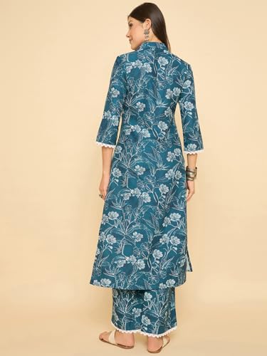 Image of SheWill Women Cotton Blend Floral Printed Straight Kurta with Mandarin Collar, Button Detailing, and 3 /4th Sleeves Paired with Matching Printed Pants