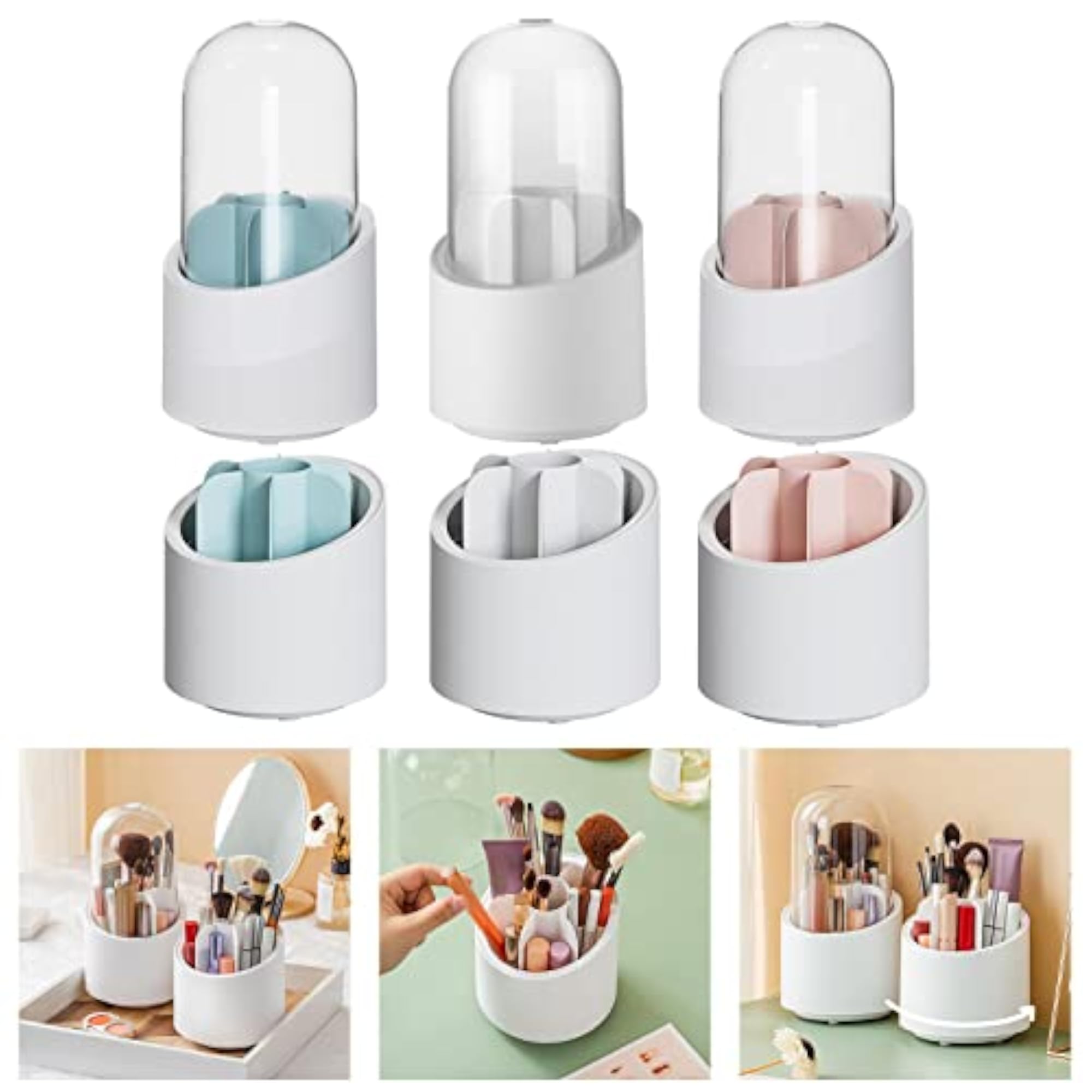Blue 360 Degree Rotating Makeup Brush Holder with Lid