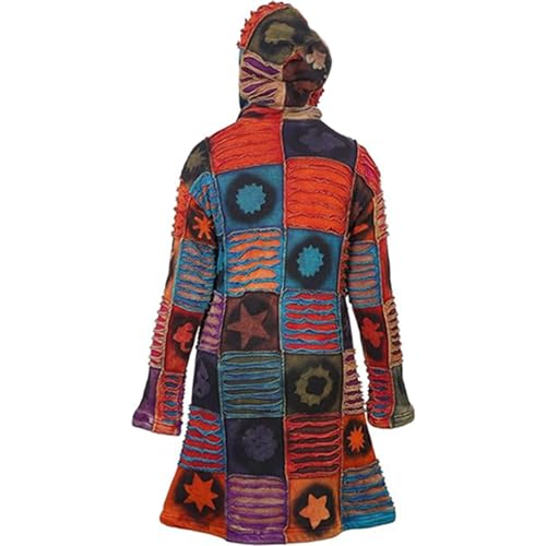 Womens Patchwork Stencil Star Print Hooded Boho Jacket, Multicoloured Gothic Full Zip Long Coat3