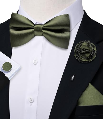 Image of Solid Color Bow Ties for Men Silk Pre-tied Tuxedo Bowtie Set 4PCS | Pre-tied in 3 seconds,adjustable 4PCS bow tie and pocket square cufflinks lapel pin set,wedding,formal,party,prom,graduation