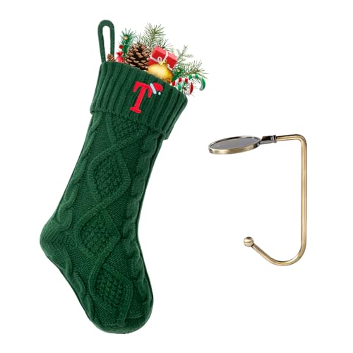 VRFASHION Christmas Stockings with Initials, Letter T Embroidered Xmas Stockings, 18" Large Monogram Knitted Xmas Stocking, Christmas Party Fireplace Family Hanging Stocking Decorations(1 Pack, Green)