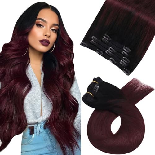 Moresoo Clip in Hair Extensions Real Human Hair Off Black Root Ombre Wine Red Clip in Hair Extensions Remy Straight Balayage Burgundy 10 Inch 5 Pieces/80g #1B/99J