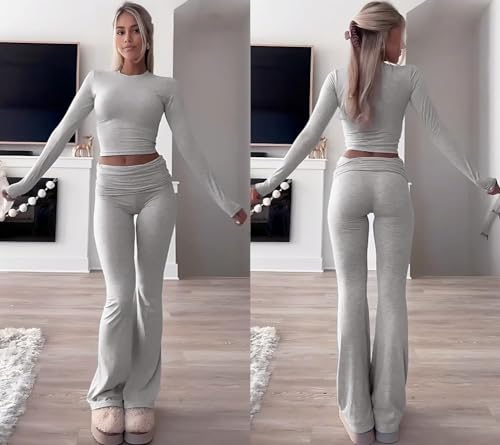 ZFLM Casual Workout Two Piece Outfits Long Sleeve High Waist Fold-Over Flared Leggings Pants Tracksuit Sets Streetwear2