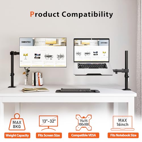 Redbat Monitorarm mit belüfteter Laptopablage, voll einstellbar für 13 bis 32 Zoll LCD LED Bildschirm & bis zu 16 Zoll Notebook, 2 Befestigungsmöglichkeiten, Neigen, Schwenken & Drehen – Bild 5