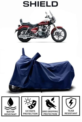 Image of Shield Heavy Duty Bike Cover for Royal Enfield Super Metor 650 | All-Season, Tear-Proof Fabric | with Side Mirror Pocket & Buckle Belt | Royal Enfield Super Metor 650 Bike Cover (Blue)