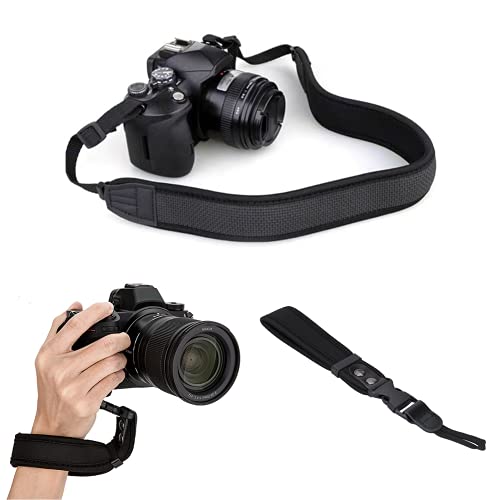 DAMIDEL 2 Pack Camera Strap Kit, Anti-Slip Comfortable Camera Neck Shoulder Strap Belt & Safety Hand Wrist Strap with Quick Release Compatible Any DSLR, SLR, Mirrorless Camera for Man/Woman, Black