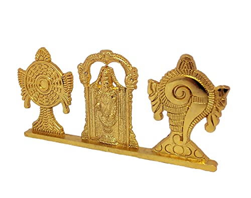 Image of KridayKraft Tirupati Balaji Symbol Stand Shankh Chakra with Balaji Statue Gold Plating Antique Decorative for Car Dashboard Home & Office Table Showpiece Figurines,Religious Gift Idol, 5 x 1 Cm