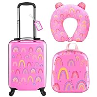 Sanwuta 4 Pcs Kids Luggage Set Backpack Travel Rolling Suitcase U-shape Pillow Christmas Children Gift for Girls Boys(17 Inch,Rainbow Style,Pink)