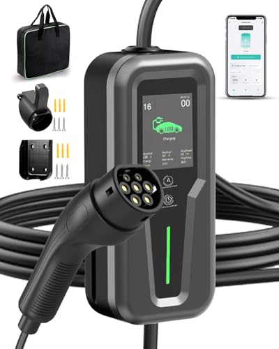 EV Charger Cable Type 2 to 3 Pin Plug, 7-Meter 3 Pin EV Charger, Electric Car Charger 6/8/10/13A, 2.99KW EV Car Charger with2.4inch LED Display, IP67 Waterproof, 2.4GWiFi/APP/Delay Charging