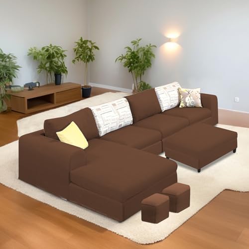Image of Koza LHS 8 Seater L Shape Sofa Set with Center Table for Living Room (Brown Fabric) Premium Fabric Sofa