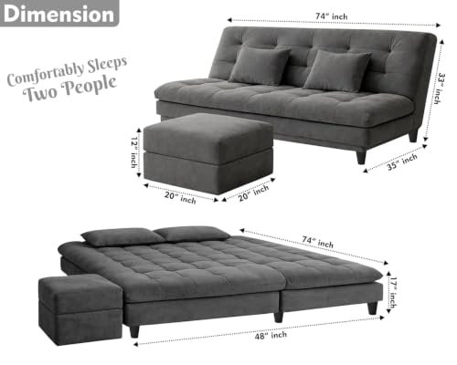 Image of Convertible 3-Seater Apsen Sofa Bed with Tufted Sleeper Couch with Adjustable Backrest- Living Room Furniture - Grey Color