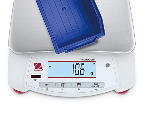 Ohaus NV422JP Compact Electronic Balance displaying '106 g' with a blue container on the weighing pan.