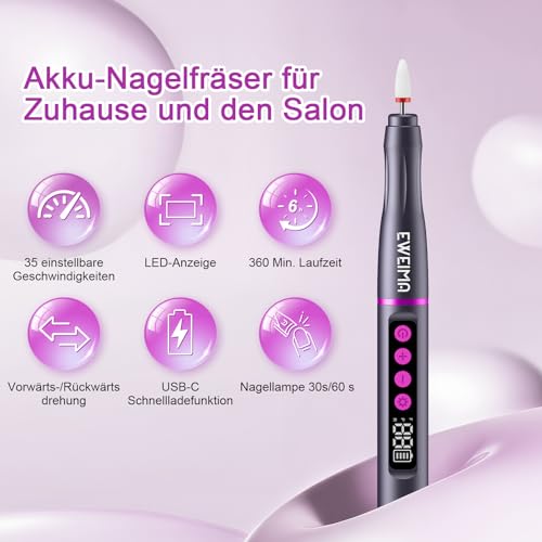 Nagelfräser Kabellos 35000 u/min, EWEIMA 13 in 1 Mehrzweck Nagelfräser für Gelnägel, 1000mAh Elektrische Nagelfeile, 35 Geschwindigkeiten, Professionell Nail Drill mit 66 Schleifbändern (Grau)