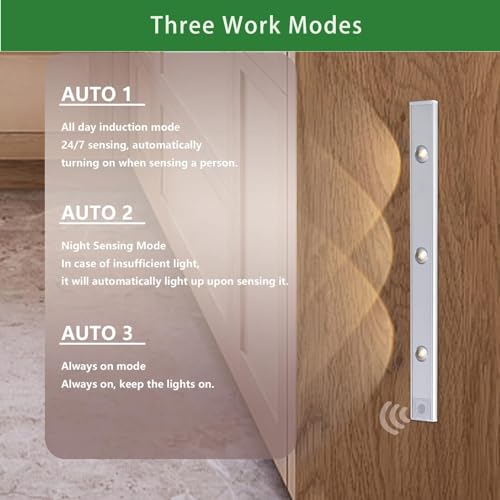 Image of Under Cabinet Lighting, 3 Colors Dimmable Wireless Motion Sensor Closet Lights, Magnetic LED Motion Sensor Light Bar, Rechargeable Under-Counter Light for Kitchen Closet (Sliver-2PACK)