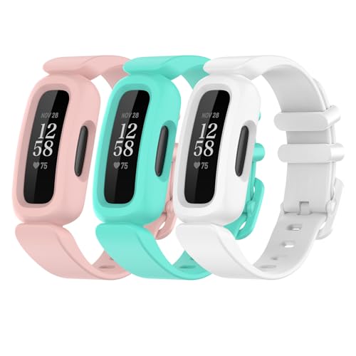 Nuqin 3PCS Silicone Strap Compatible with Fitbit Ace 3 Strap for Kids,Adjustable Replacement Wristband Band for Kids for Ace 3 Activity Tracker(Pink, Green, White)
